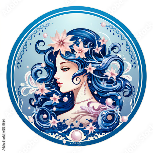 Mystical Aquarius sign in pastel hues centered within a circle on white background exhibits compelling feminine color spot  evoking contemplation and intrigue. Generative AI