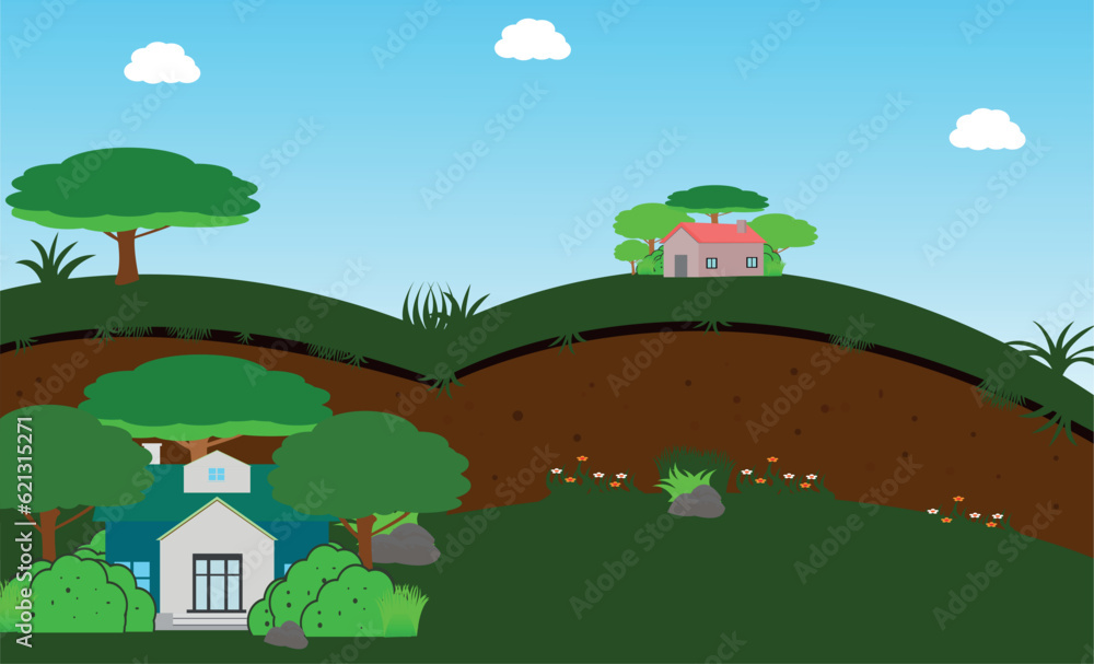 Countryside view vector illustration, 
 isometric house in the green hills, outdoor concept, nature landscape