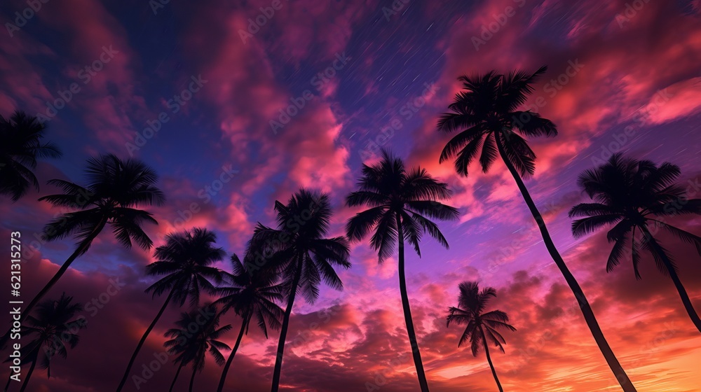 Twilight tranquility: captivating coconut palm trees silhouetted against a spectacular sky, trees at sunset, Generative AI