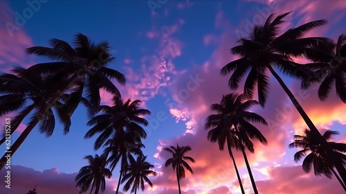 Palm trees on the beach - Twilight tranquility: captivating coconut palm trees silhouetted against a spectacular sky, Generative AI