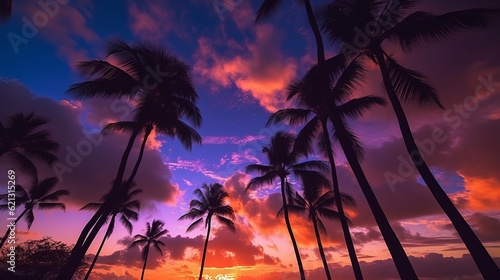 Fototapeta Naklejka Na Ścianę i Meble -  Twilight serenity: stunning silhouette of coconut palm trees in captivating timelapse sky, Generative AI