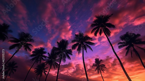 Twilight tranquility  captivating coconut palm trees silhouetted against a spectacular sky  trees at sunset  Generative AI