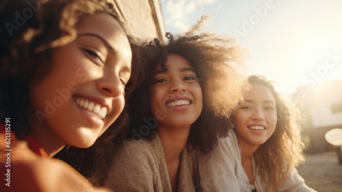 Three cheerful girls friends taking a selfie. Best friends. Generative AI