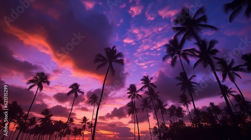 Sunset in the palm - Twilight serenity: stunning silhouette of coconut palm trees in captivating timelapse sky, Generative AI © Ameer