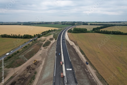 D7 motorway is a highway northwest from Prague to Chomutov and the German border building of new highway by Louny city speed road construction work with bridges and modern infrastructure Czech-Europe