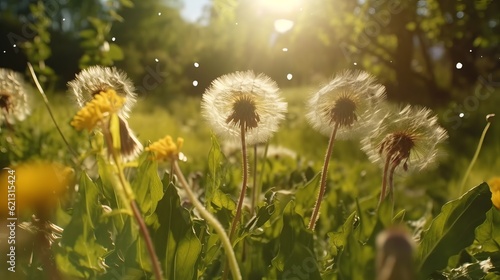 Field of dandelions - Macro Shot of Dandelions being blown in super slow motion. Outdoor scene with sun rays  Generative AI