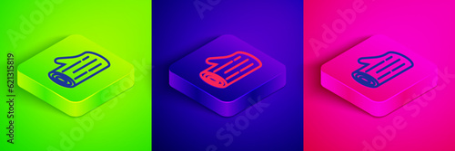 Isometric line Wooden log icon isolated on green, blue and pink background. Stack of firewood. Square button. Vector