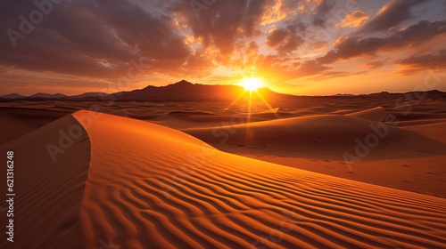 Sunset over the sand dunes in the desert  sunrise in the desert  Generative AI