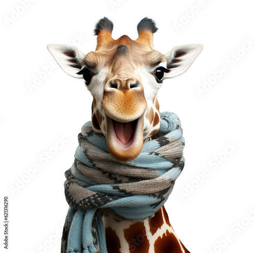 The head of a funny giraffe with a scarf is isolated on a transparent background. photo