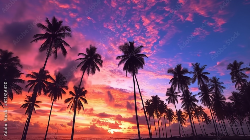 Sunset over the sea - Silhouette of coconut palm trees in a stunning sunset: A breathtaking nature landscape with vibrant colors and mesmerizing clouds, Generative AI