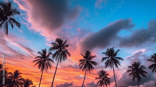 Palm trees at sunset - Silhouette of coconut palm trees in a stunning sunset: A breathtaking nature landscape with vibrant colors and mesmerizing clouds, Generative AI
