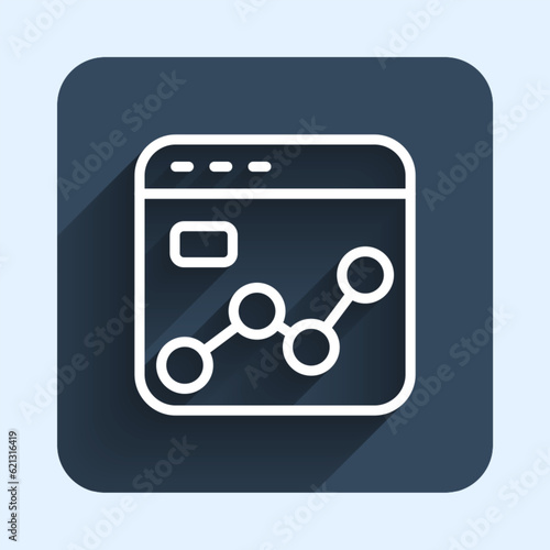 White line Market analysis icon isolated with long shadow background. Report text file icon. Accounting sign. Audit, analysis, planning. Blue square button. Vector