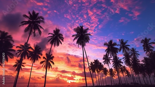 Sunset over the sea - Silhouette of coconut palm trees in a stunning sunset  A breathtaking nature landscape with vibrant colors and mesmerizing clouds  Generative AI