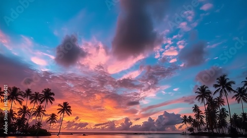 Timelapse Silhouette coconut palm trees in beautiful sunset, Amazing light nature colorful clouds landscape, Beautiful light nature sky and clouds seascape, Sky clouds background, Generative AI © Ameer