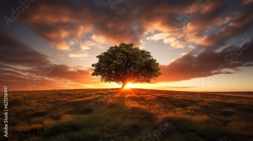 Fototapeta Naklejka Na Ścianę i Meble -  Tree in the sunset - wide angle shot of a single tree growing under a clouded sky during a sunset surrounded by grass, Generative AI
