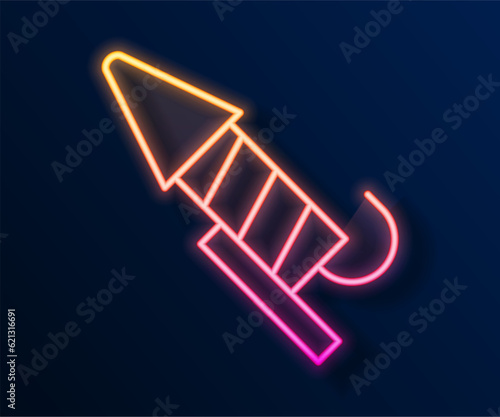 Glowing neon line Firework rocket icon isolated on black background. Concept of fun party. Explosive pyrotechnic symbol. Vector