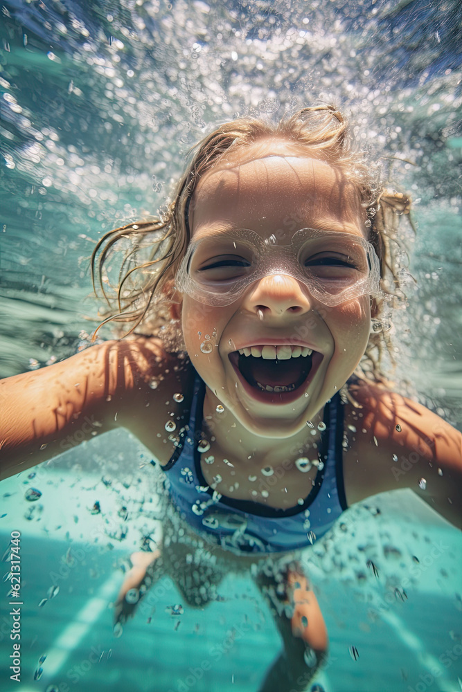 a lauging girl underwater, wearing diving goggles, bubbly blue water,ai generater.