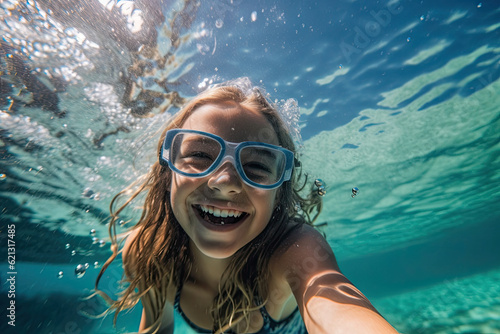 a lauging girl underwater  wearing diving goggles  bubbly blue water ai generater.