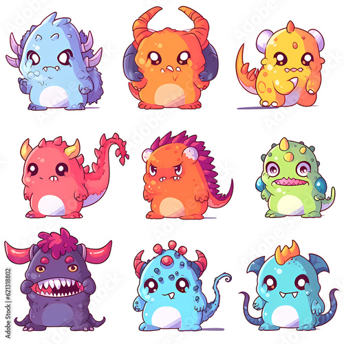 Clip art, character design sheet, Set of A monsters chibi isolated