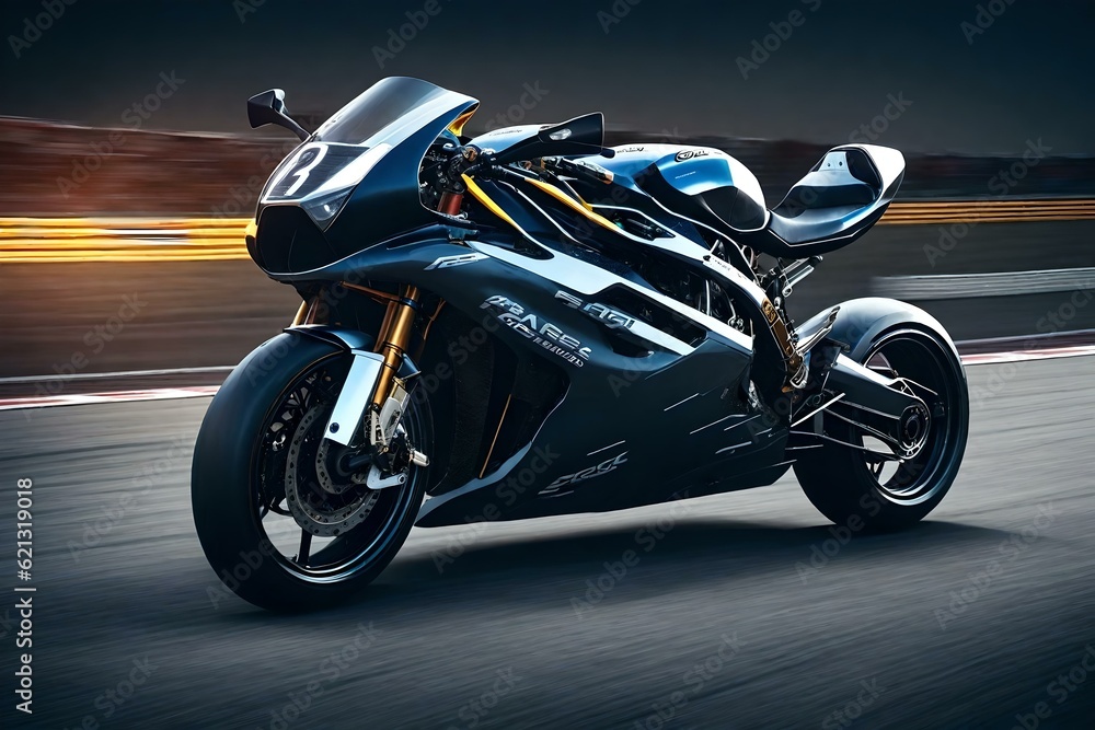 A finely tuned racing motorbike parked in a garage, its sleek design and aggressive features highlighting its speed and performance capabilities.