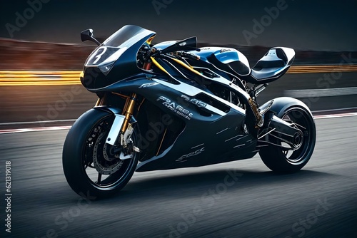 A finely tuned racing motorbike parked in a garage  its sleek design and aggressive features highlighting its speed and performance capabilities.