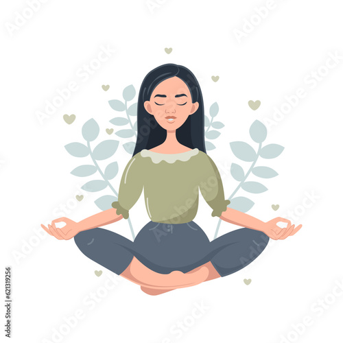 A young Asian woman is sitting in the lotus position. Yoga classes, meditation, breath control, relaxation. Vector illustration