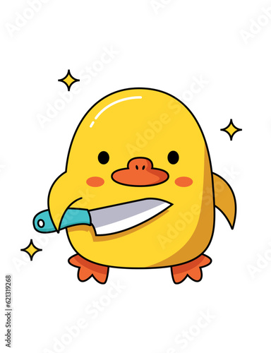 Dangerous cute duck with different weapons. Holds a sharp knife. Vector graphic.