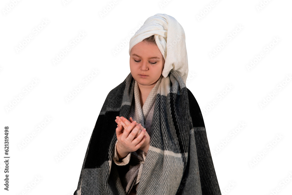 A girl with cold symptoms disinfects her hands on a transparent background. The concept of medicine, healthcare, hygiene and home treatment A girl with cold symptoms disinfects her hands on a transparent background. The concept of medicine, healthcare, hygiene and home treatment