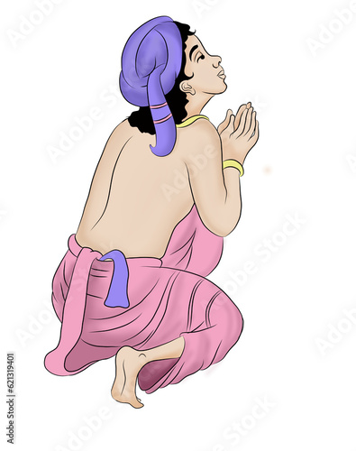 Man in Indian traditional dress praying with joined hands.
