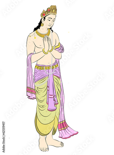 Man in Indian traditional dress praying with joined hands.