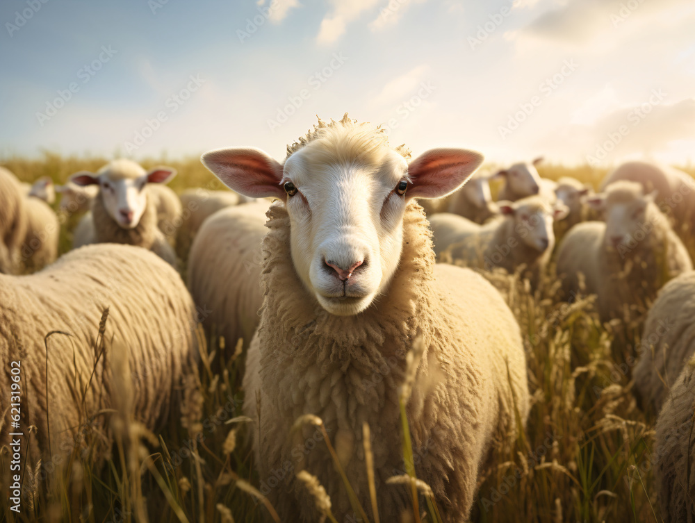 A group of sheep gracefully standing atop a field, embodying the serenity of pastoral beauty.