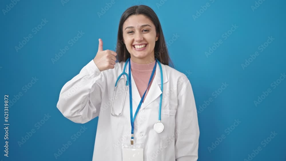 Young beautiful hispanic woman doctor doing thumb up over isolated blue background