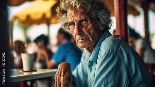 Grim old man, sitting in the tropical at a small local restaurant, elderly man, pensive or sad, worries and problems, fictional place © wetzkaz