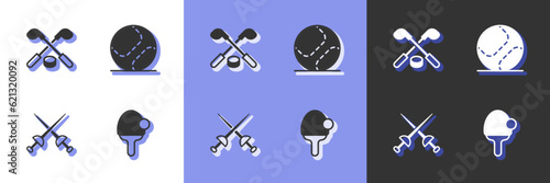 Set Racket, Ice hockey sticks and puck, Fencing and Baseball ball icon. Vector