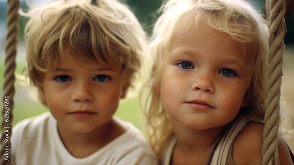 two small children, child girl and boy on a swing while swinging, in the garden or park or outskirts, rural living, childhood, fictional place two small children, child girl and boy on a swing while swinging, in the garden or park or outskirts, rural living, childhood, fictional place