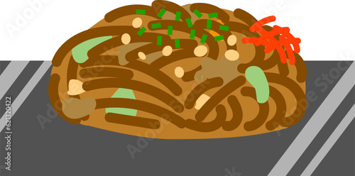 鉄板にのっている焼きそばのイラスト