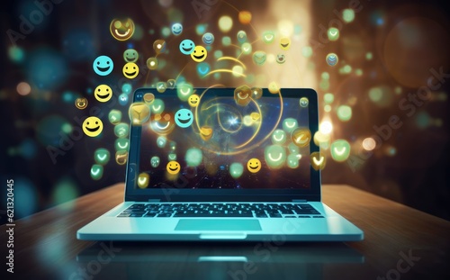 Emoticons, Smiles, Emoji, Fluttering, Floating, Laptop, Notebook, Pc, Computer. Three-dimensional Emoticons and smiley faces surround the laptop screen. Generative AI