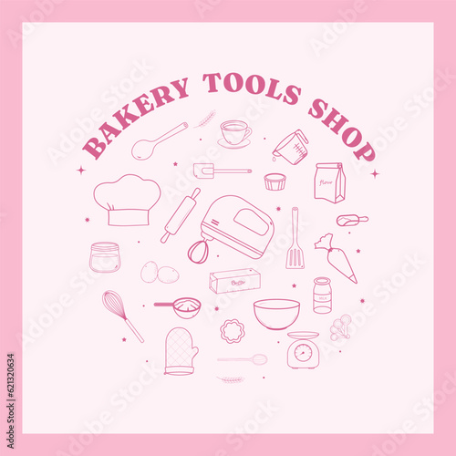 Bakery tools shop with outline icons banner