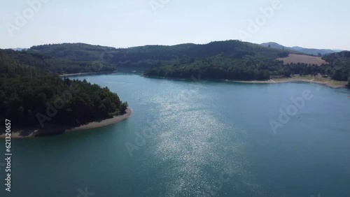 Aerial drone view of lake Hennesee near Meschede in Sauerland, Germany.