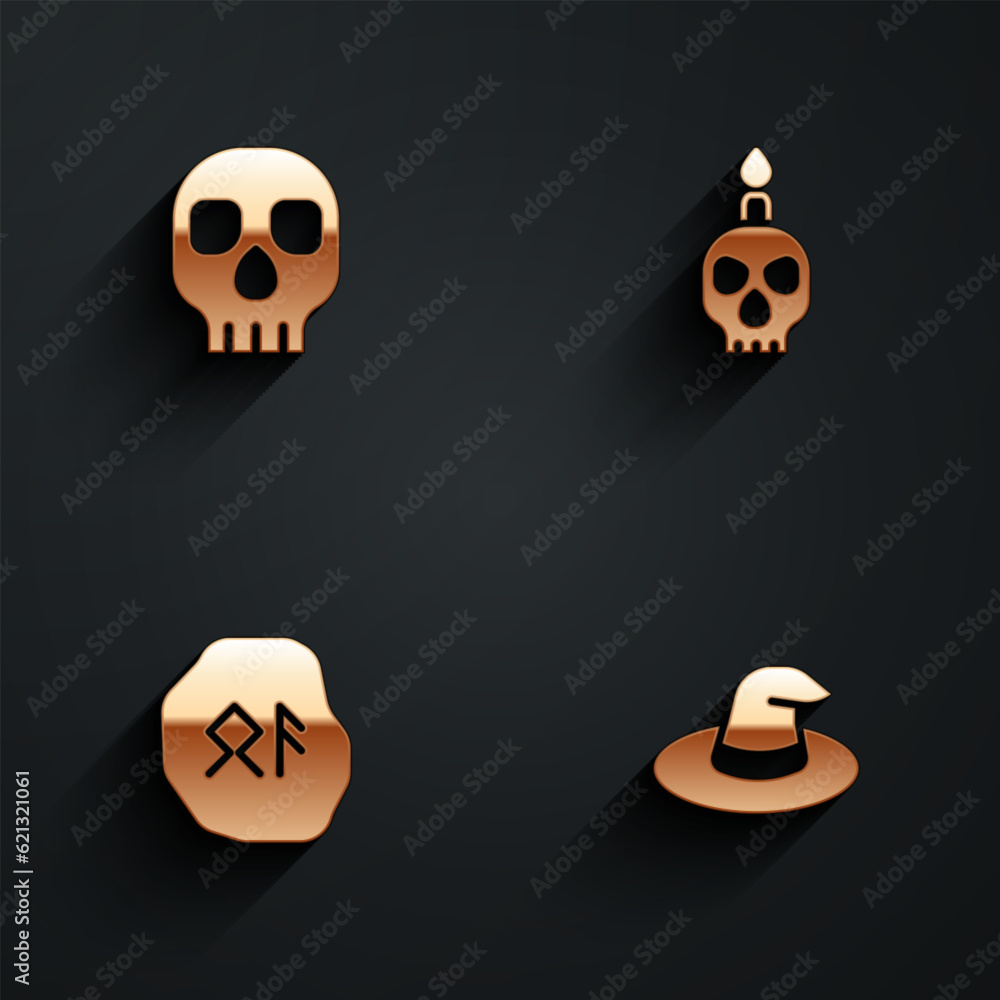 Set Skull, Burning candle on skull, Magic runes and Witch hat icon with long shadow. Vector Set Skull, Burning candle on skull, Magic runes and Witch hat icon with long shadow. Vector