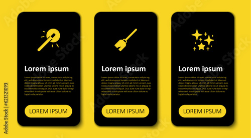 Set Magical glitter particles, Witches broom and wand. Business infographic template. Vector