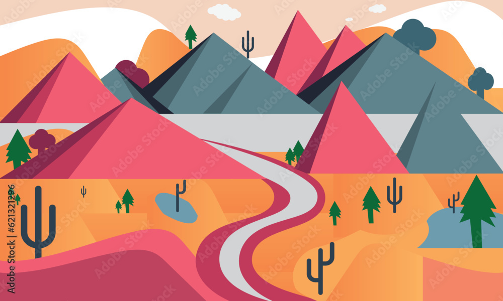 A stylized high detailed wide angled landscape with a beautiful Desert with Cactus, Mountains, River and Trees A stylized high detailed wide angled landscape with a beautiful Desert with Cactus, Mountains, River and Trees