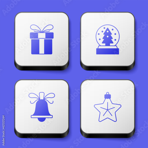 Set Gift box, Christmas snow globe, ringing bell and star icon. White square button. Vector