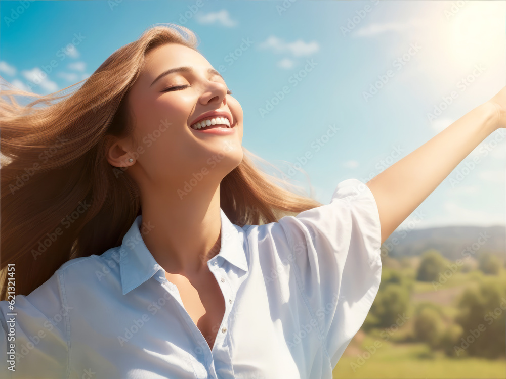 Young woman with closed eyes enjoying the sun and life, generative ai