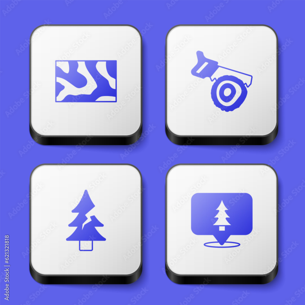 Set Wooden beam, Hand saw and log, Tree and Location of the forest icon. White square button. Vector Set Wooden beam, Hand saw and log, Tree and Location of the forest icon. White square button. Vector