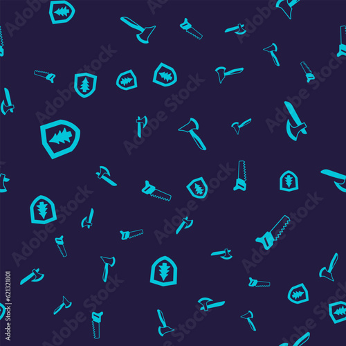 Set Shield with tree, Wooden axe, and Hand saw on seamless pattern. Vector