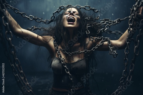 A young woman who is trying to get rid of the mental pressure, a woman who is trying to escape from the chains tied to the prison.  - Generated Ai