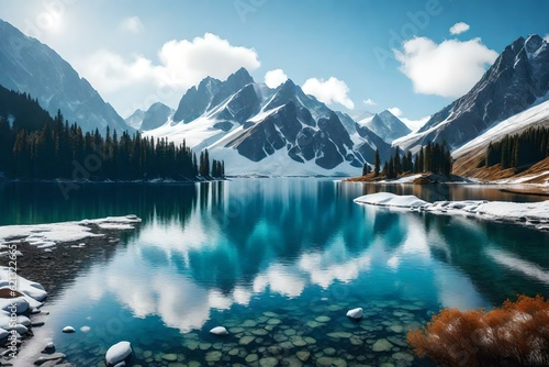 A tranquil lake surrounded by snow-capped mountains.