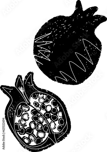 Pomegranate stylized fruit. Hand-drawn illustration in linocut style. Black vector element for design