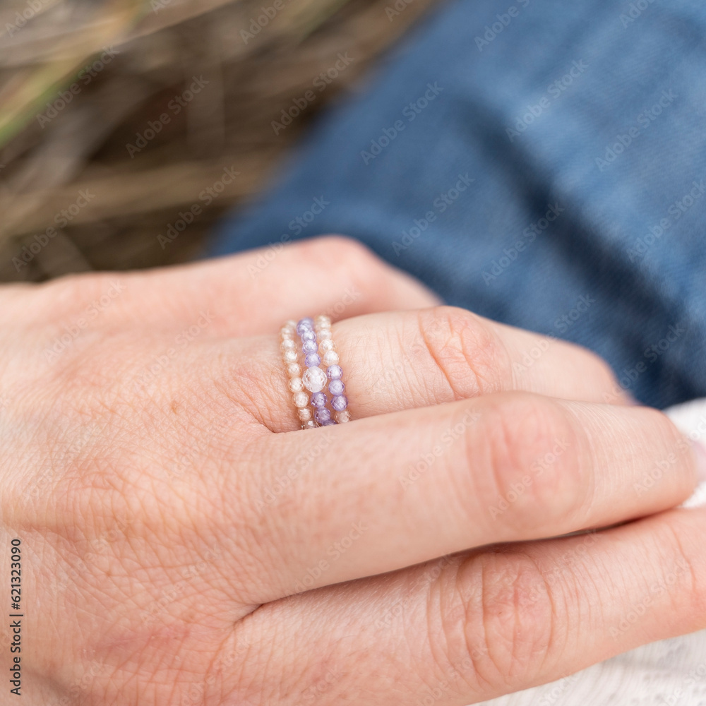 Small beaded tiny Swarovski crystal rings. Energy crystals, healing stone jewelry. Handmade accessories.
